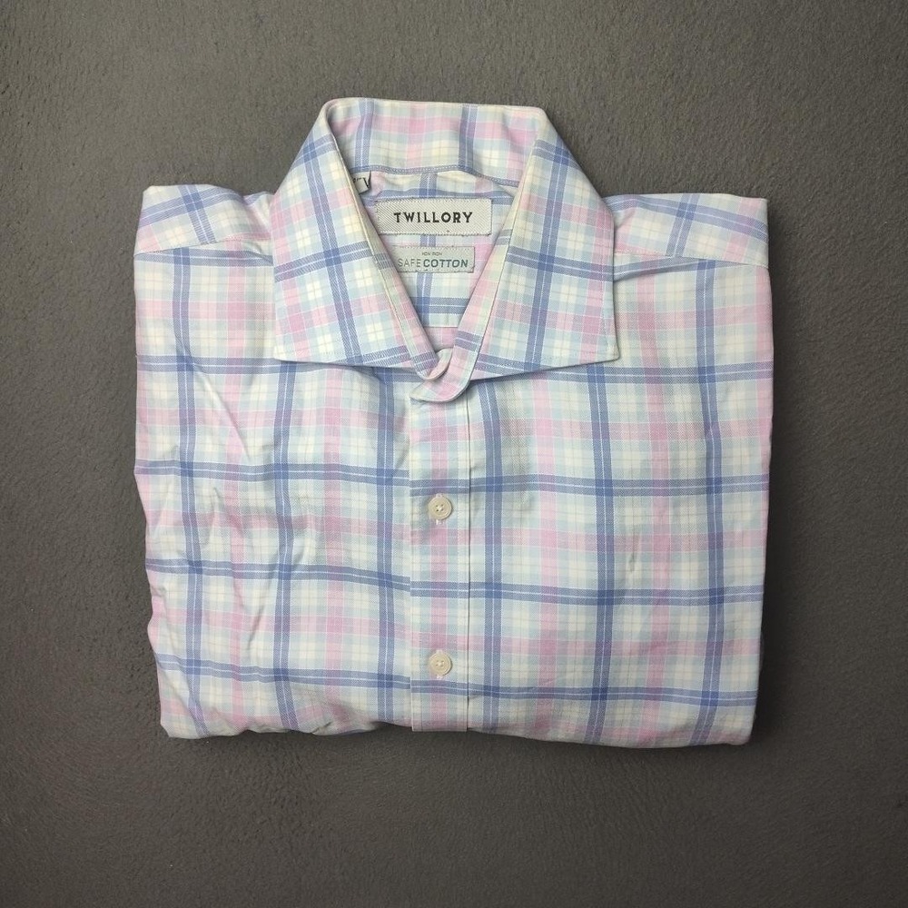 Twillory Shirt Men 16 34/35 Blue Pink Plaid Non Iron Dress Button Up Long Sleeve